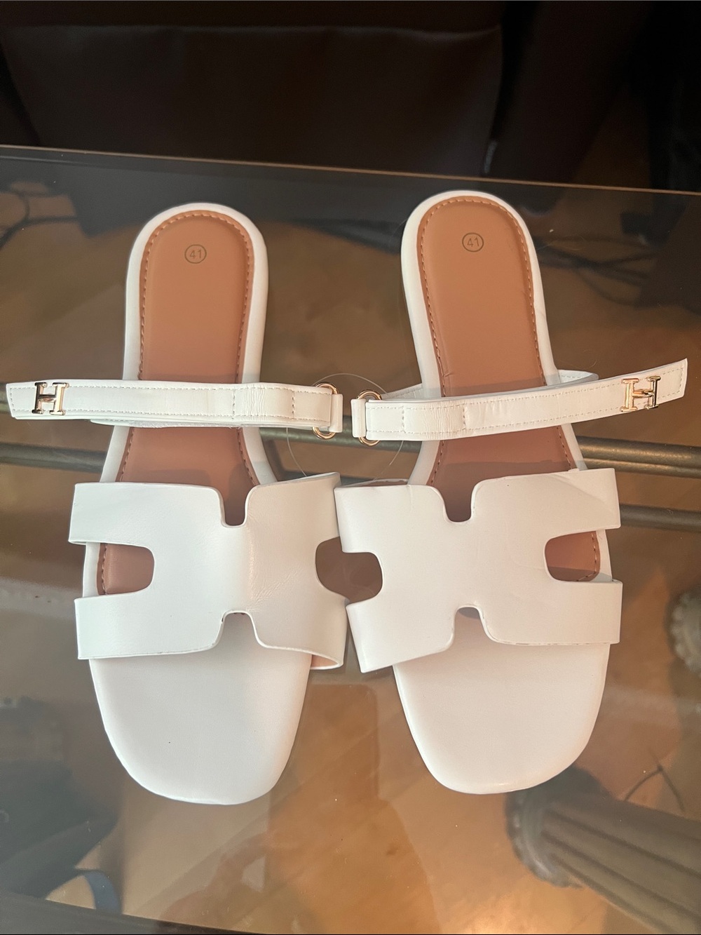 White Women's Slide Sandals with Gold Accent